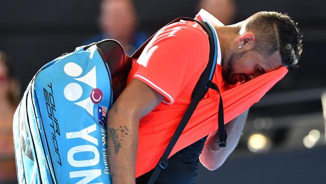 Nick Kyrgios after losing to Jeremy Chardy in their Brisbane International second round match on Wednesday. Picture: AAP 