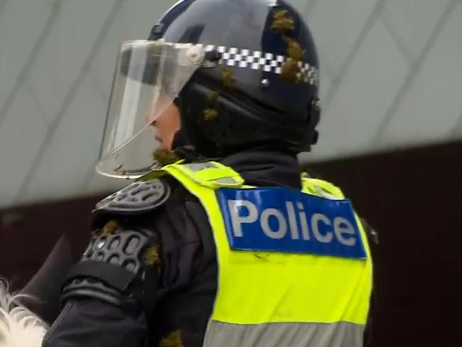 Police are pelted with horse poo outside South Wharf. Picture: Channel 7