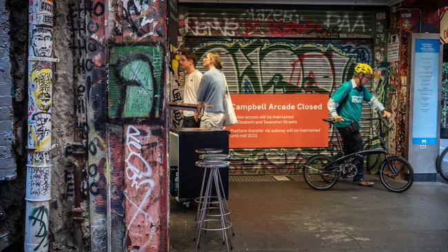 Melbourne’s popular Degraves St is covered in Graffiti. Picture: Tony Gough