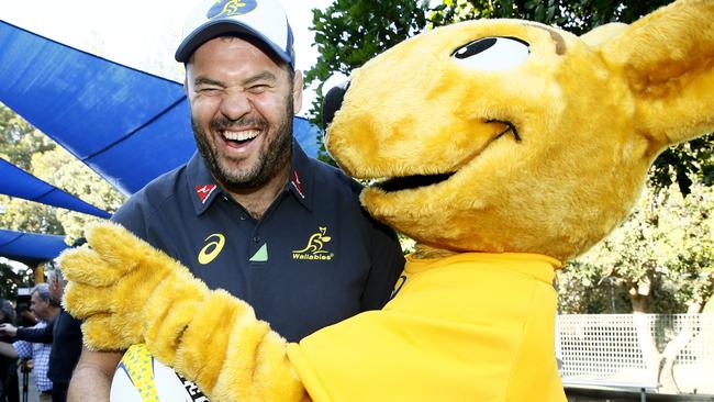 Wallabies coach Michael Cheika is hugged by Wally the Wallaby. Picture: John Appleyard