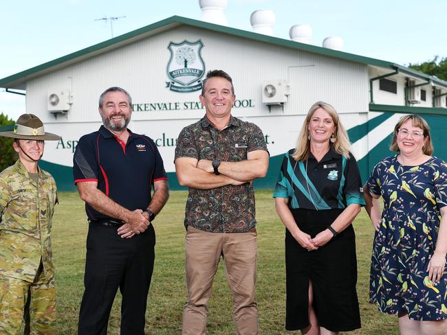 SGT Esther Smith, Chery Townsville Gary Lewis, School Principle Lee Braney, School Business manager Catherine Contarino and Renegade Karissa Chase, are contributing to the Aitkenvale SS Community 100 year celebration. Picture: Shae Beplate.