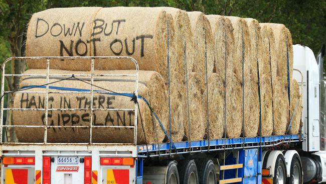 The convoy of trucks arrived in fire ravage areas today. Picture: Mark Stewart