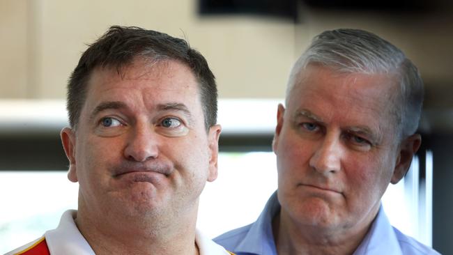 Deputy Speaker and Member for Wide Bay Llew O'Brien (left) is at loggerheads with party leader and Deputy Prime Minister Michael McCormack, announcing he will not endorse proposed upgrades to the Bruce Highway at Tiaro. (AAP Image/Bruce Long)