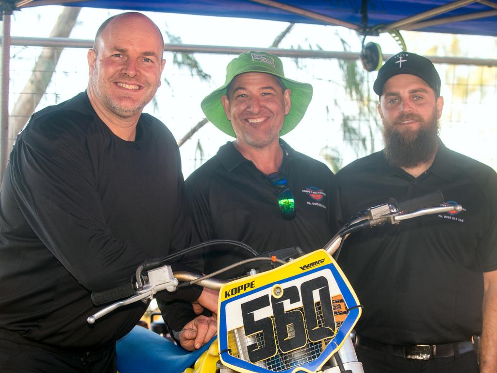 Bernie den Hertog, Jose Navarro and Jed Lawson at Motorcycle Beach Races at Grasstree Beach Sunday 27 August 2023 Picture: Michaela Harlow