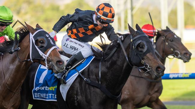 Jamie Kah rides Benedetta to victory in the Group 1 The Goodwood at Morphettville. Picture: Makoto Kankeko