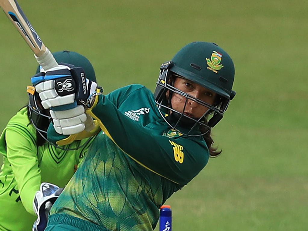 LEICESTER, ENGLAND - JUNE 25:  Shabnim Ismail of South Africa smashes the ball down the ground to win the game during the ICC Women's World Cup group match between Pakistan and South Africa at Grace Road on June 25, 2017 in Leicester, England.  (Photo by Richard Heathcote/Getty Images)