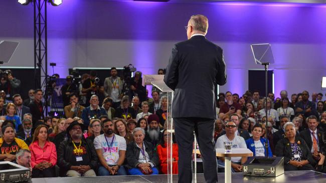 The PM reads his referendum speech in Adelaide.