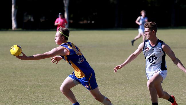 Jindalee’s Jack Lord with the ball as for the QAFL colts match between Jindalee and Coorparoo. (Image Sarah Marshall)