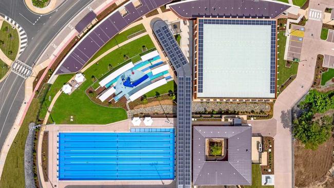 Aerial view of the Gympie Aquatic Recreation Centre (ARC) with solar panels visible from the roofs. Picture: Contributed