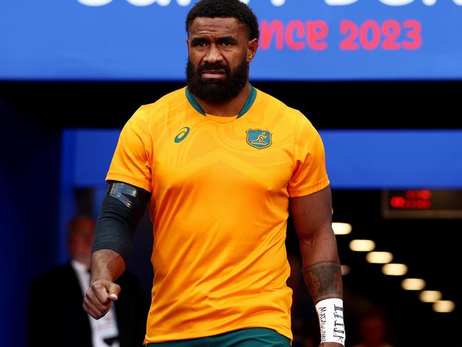 PARIS, FRANCE - SEPTEMBER 09: Marika Koroibete of Australia looks on as he walks out of the tunnel prior to the Rugby World Cup France 2023 match between Australia and Georgia at Stade de France on September 09, 2023 in Paris, France. (Photo by Chris Hyde/Getty Images)