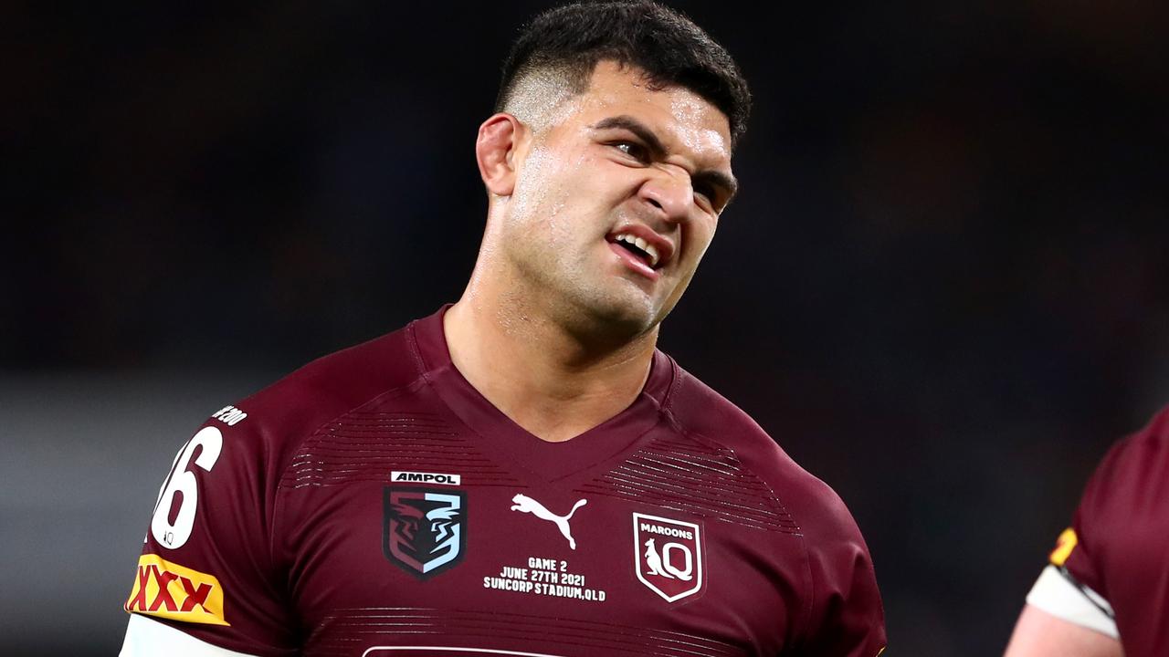 BRISBANE, AUSTRALIA - JUNE 27: David Fifita and Cameron Munster of the Maroons react during game two of the 2021 State of Origin series between the Queensland Maroons and the New South Wales Blues at Suncorp Stadium on June 27, 2021 in Brisbane, Australia. (Photo by Chris Hyde/Getty Images)
