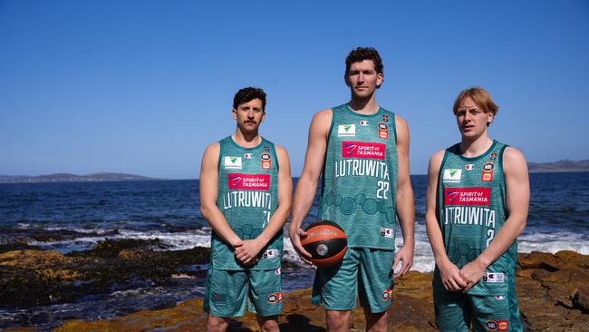 Tasmania JackJumpers players Lachie Barker (left), Will Magnay (middle) and Brody Nunn (right) in the club's NBL Indigenous Round jersey. Picture: Tasmania JackJumpers.