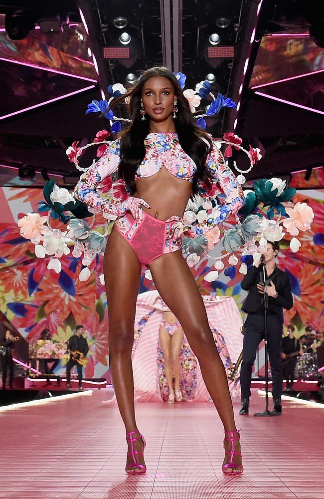 Jasmine Tookes walked the runway while Shawn Mendes performed. Picture: Getty Images for Victoria’s Secret