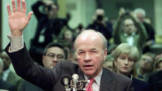 Former Enron CEO Kenneth Lay being sworn in prior to testifying before a US Senate Committee in 2004. Picture: AFP