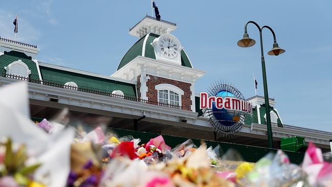 Flowers at the front of Dreamworld on November 9.