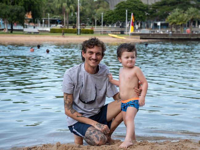 DARWIN, AUSTRALIA Sunday, 31 December, 2023:DARWIN NEW YEARS EVE 2023 Noah Hopkins and Sean Hopkins pose for a photo at Darwin Waterfront. Picture: Pema Tamang Pakhrin