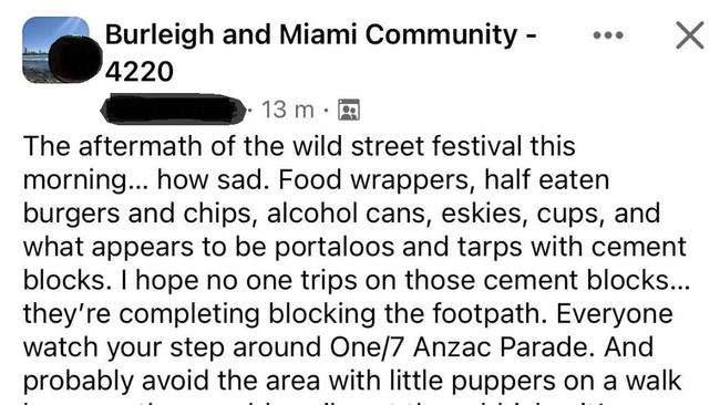 A resident has taken to social media to complain about the aftermath of a wild party at Anzac Parade, Burleigh Heads. Picture: Facebook