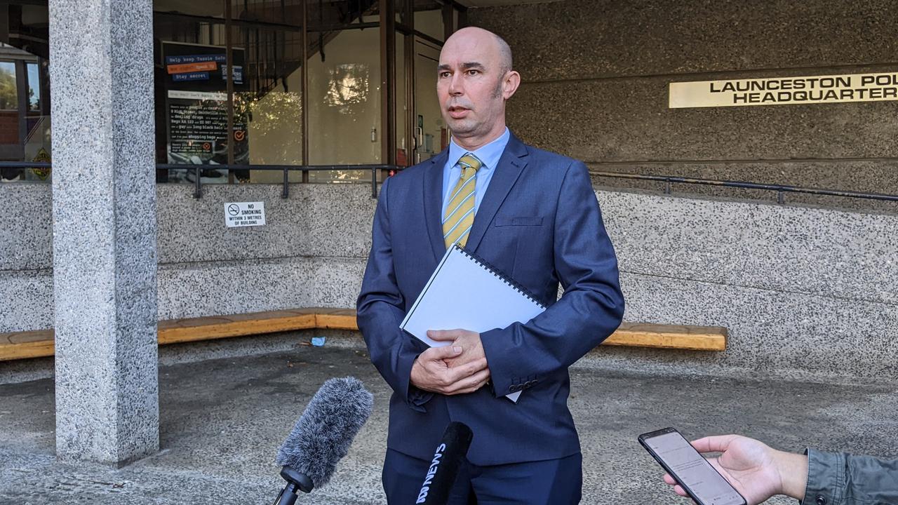 Detective Acting Inspector Mathew Adams of the Launceston CIB addressing media in the wake of a shooting at Leslie St, South Launceston on the evening of August 24, 2022. Picture: Alex Treacy