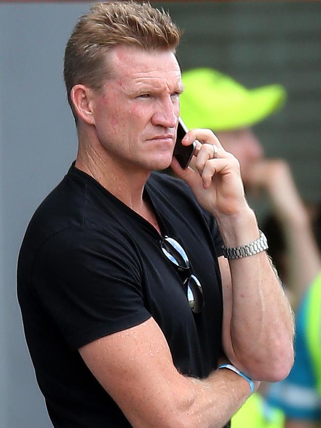 Collingwood coach Nathan Buckley at Olympic Park watching the Magpies’ AFLW team. Picture: Yuri Kouzmin