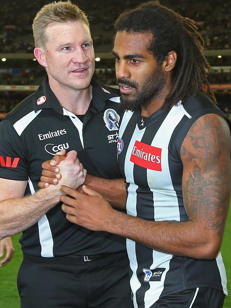 Nathan Buckley with Heritier Lumumba in 2013. Picture: Getty