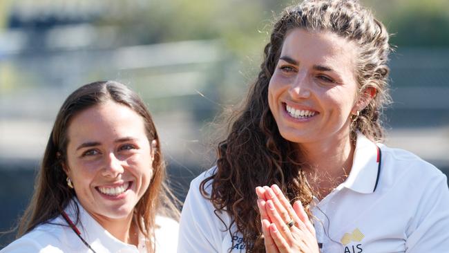 SYDNEY, AUSTRALIA - NewsWire Photos, September 4, 2024. Olympians Jess Fox (R) & sister Noemie Fox (L) at a press conference with NSW Premier Chris Minns to announce funding for the 2025 Canoe Slalom World Championships and also naming of Fox Island, part of the whitewater course infrastructure, at Penrith Whitewater Stadium. Picture: NewsWire / Max Mason-Hubers