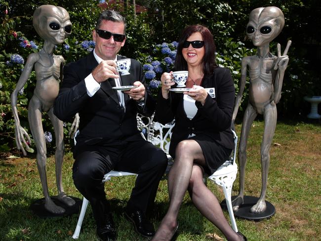 UFO conference organisers Mick Turner and Kathryn Hand with Zetans. Picture: Adam Ward