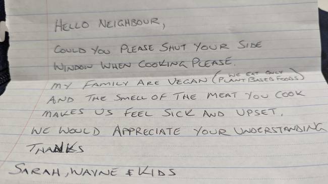 The polarising letter was labelled a "shoving of opinions" by vegans on their meat-eating counterparts. Picture: Facebook.