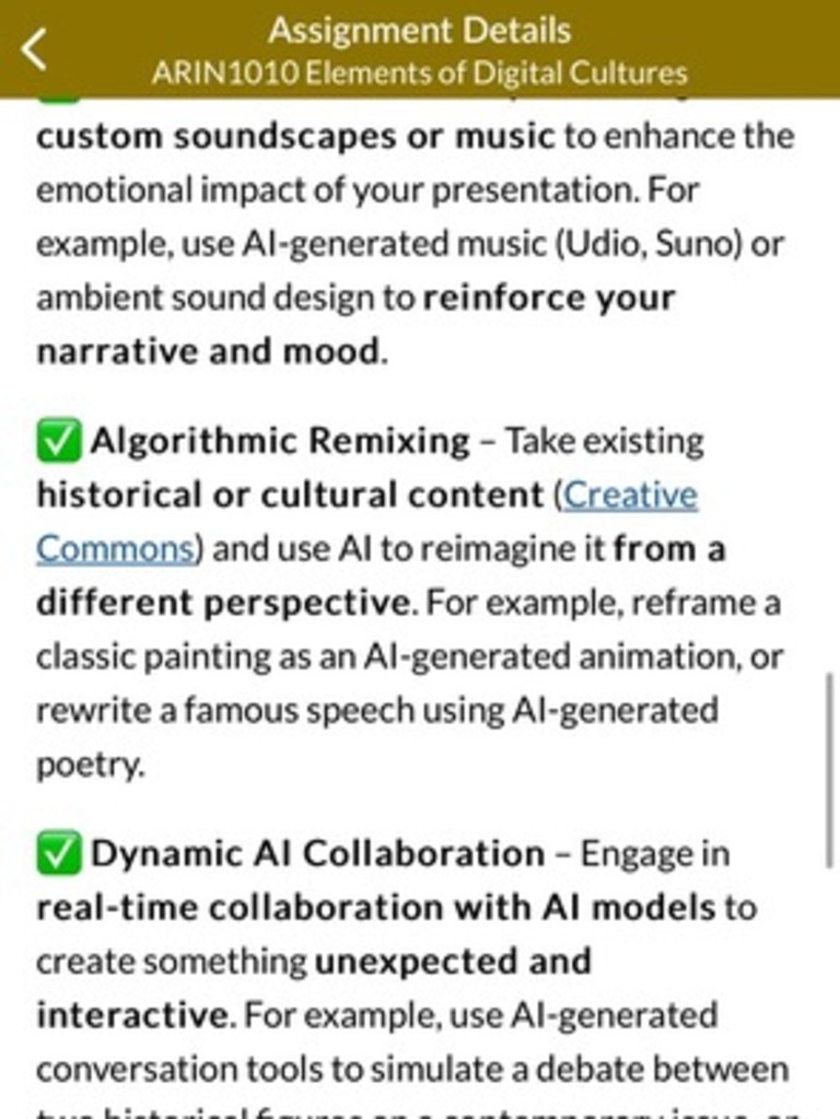 A University of Sydney Digital Cultures assessment task encouraging the use of AI. Picture: Supplied