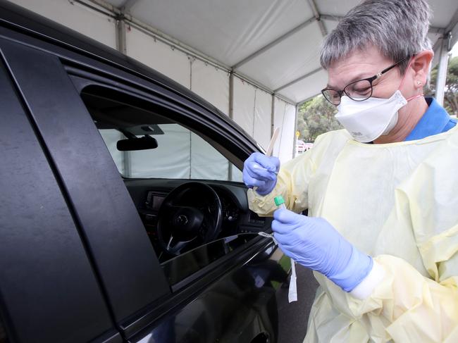 A nurse takes a sample from a driver at a COVID-19 drive-through testing facility at Hampstead Rehabilitation Centre in Adelaide. Photo: Kelly Barnes.