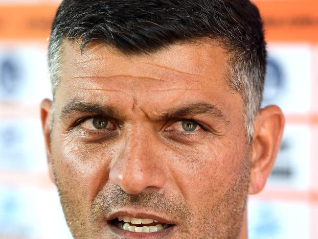 Brisbane Roar head coach John Aloisi speaks to the media after training in Brisbane, Thursday, December 13, 2018. The Roar will clash with top of the table Melbourne Victory tomorrow at Suncorp Stadium. (AAP Image/Dan Peled) NO ARCHIVING