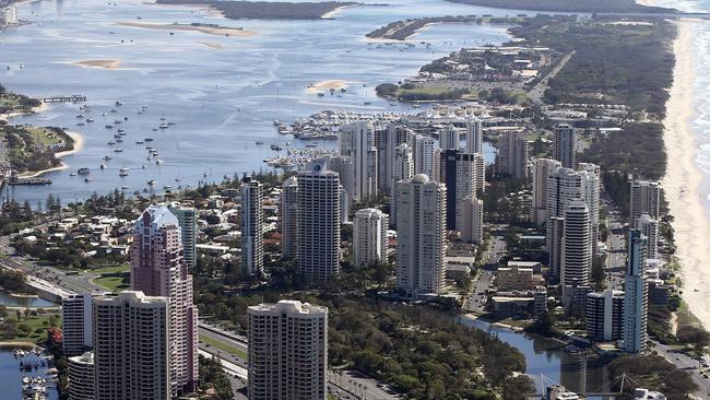 Gold Coast skyline aerials of Surfers Paradise — Main Beach to South Stradbroke Island Pic David Clark