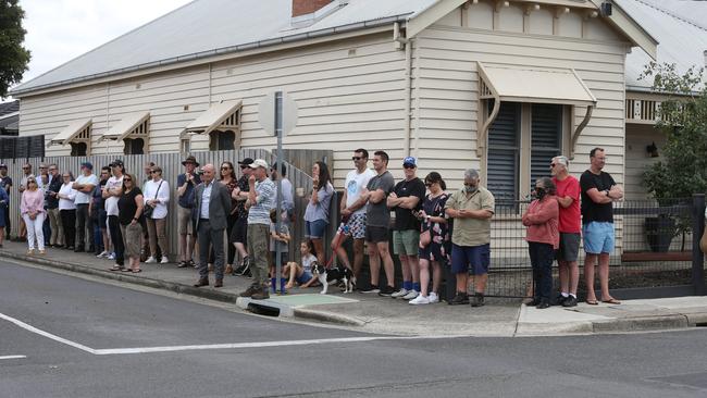 A crowd gathers at an auction for 9 Elizabeth St, Geelong West, in Victoria on Saturday. Picture: Mike Dugdale