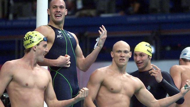 The Australian 4x100m relay team (l-r) Chris Fydler, Ashley Callus, Michael Klim and Ian Thorpe celebrate winning gold at the Sydney Olympics in 2000 after the US claimed before the race they would ‘smash the Australians like guitars.’