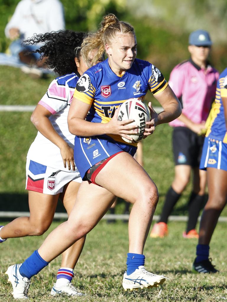 Kaiyla Ward puts in a strong run in the FNQRL women's qualifying semi final match between the Cairns Kangaroos and the Ivanhoe Maidens, held at Vico Oval, Mooroobool. Picture: Brendan Radke