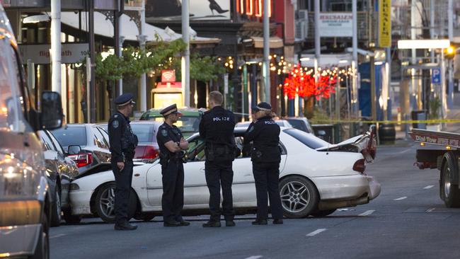 Police at the scene of the shooting in Hindley St. Picture: Scott Oates