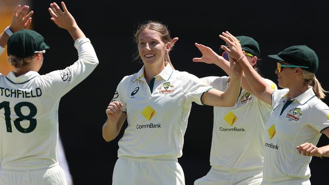 Both South African openers were dropped behind the wicket, but Darcie Brown had them both out anyway within her first two overs on her way to a maiden Test five-wicket haul at the WACA. Picture: Paul Kane / Getty Images