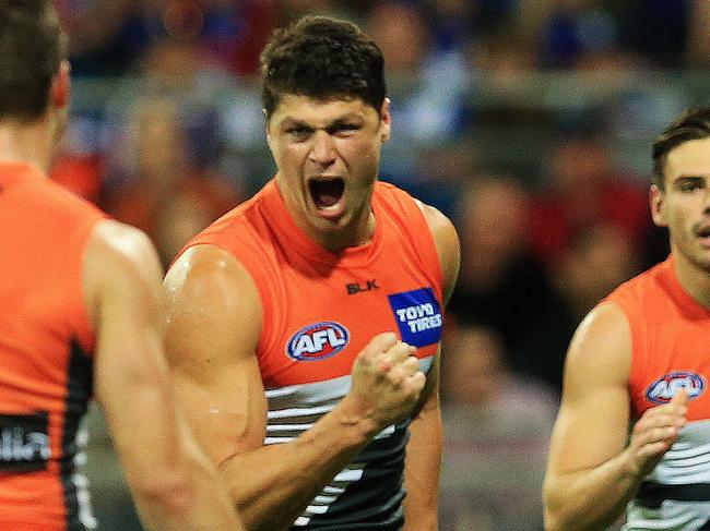 GWS Giants Jonathon Patton celebrates a goal during the AFL Preliminary Final between GWS and Western Bulldogs at Spotless Stadium, Homebush. Picture: Toby Zerna