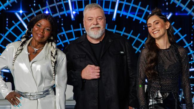 Daily Telegraph. 02, October, 2024.Marcia Hines, Kyle Sandilands and Amy Shark, on the set of Australian Idol, at the SCG, Moore Park, today.Picture: Justin Lloyd.