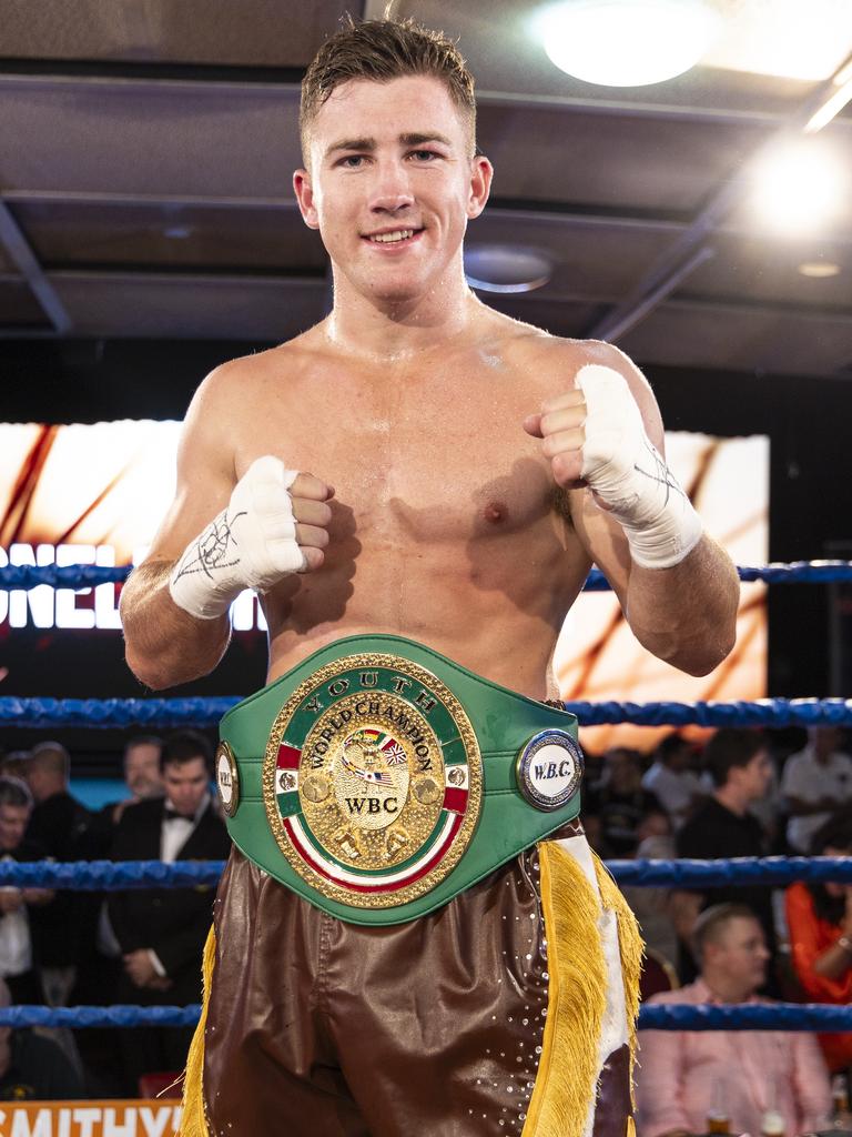 Pittsworth's Jackson 'Stoneleigh' Griffiths celebrates his WBC World Youth Welterweight victory. Picture: Darren Burns