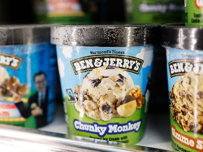 NEW YORK, NEW YORK - MARCH 19: Pints of Ben & Jerryâ&#128;s ice cream are seen on a shelf at Ideal Fresh Market of Church Ave on March 19, 2024 in the Flatbush neighborhood of Brooklyn borough in New York City. Consumer goods company Unilever announced that it will be cutting 7,500 jobs and spinning off its division that makes ice cream, which includes Ben & Jerryâ&#128;s, Cornetto and Magnum sweet treats, into a new company. The spinoff is expected to be completed by the end of 2025.   Michael M. Santiago/Getty Images/AFP (Photo by Michael M. Santiago / GETTY IMAGES NORTH AMERICA / Getty Images via AFP)