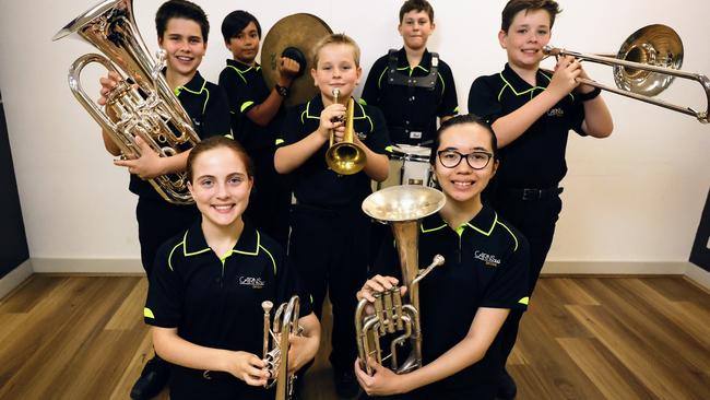 Cairns Brass Youth Band members Tai Carrette, 13, on euphonium, Raphael Cole, 13, on cymbals, Emma Adams, 12, on cornet, Tommy Deldot, 10, on cornet, Ben Rumble, 13, on snare drum, Kaon Morgan, 12, on tenor horn, and Jimmy Deldot, 11, on trombone, excelled in their different musical categories, outscoring bands that are older and with more experience then them. Picture: Brendan Radke