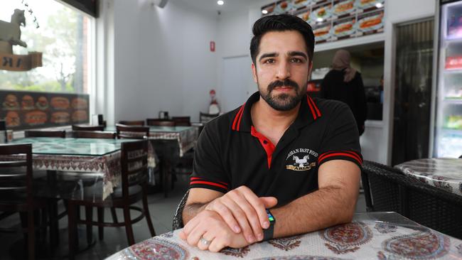 Aria Persian Fast Food shop owner Hossain Naseri says Sydneysiders are eating out less in the wake of coronavirus. Picture: Angelo Velardo