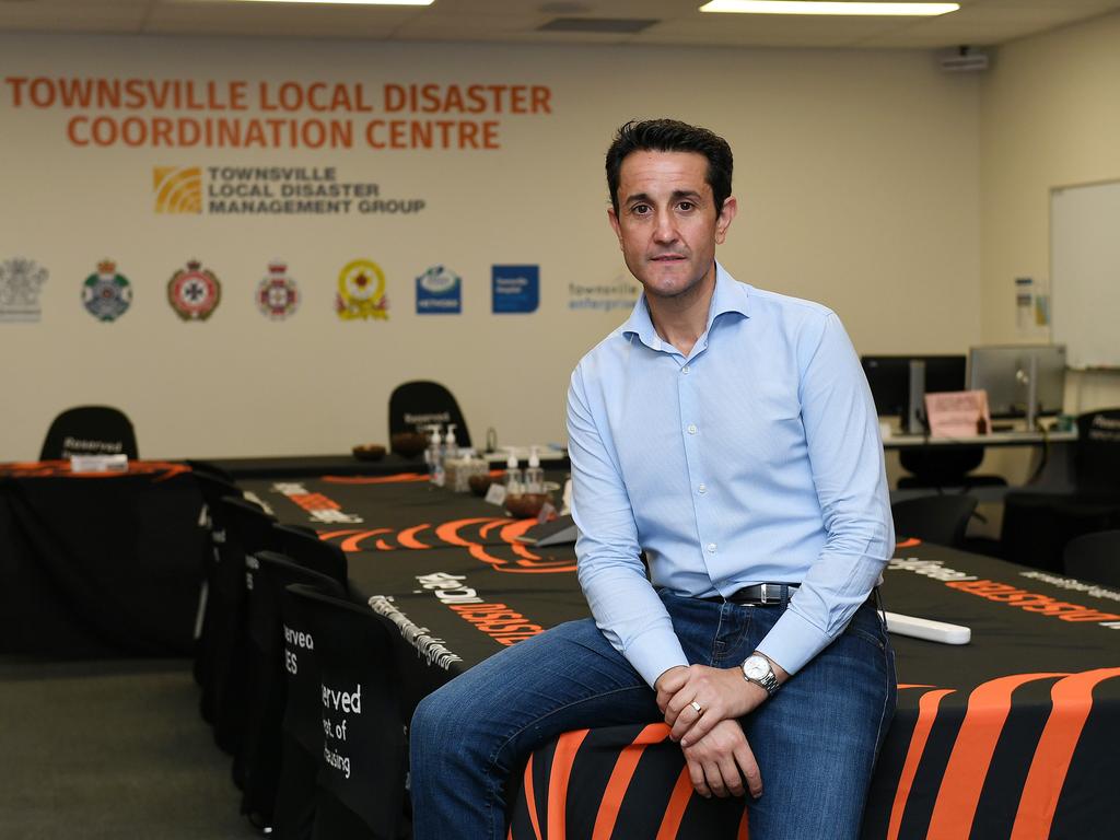 Premier David Crisafulli at Townsville's local Disaster Management Centre. Picture: Shae Beplate.