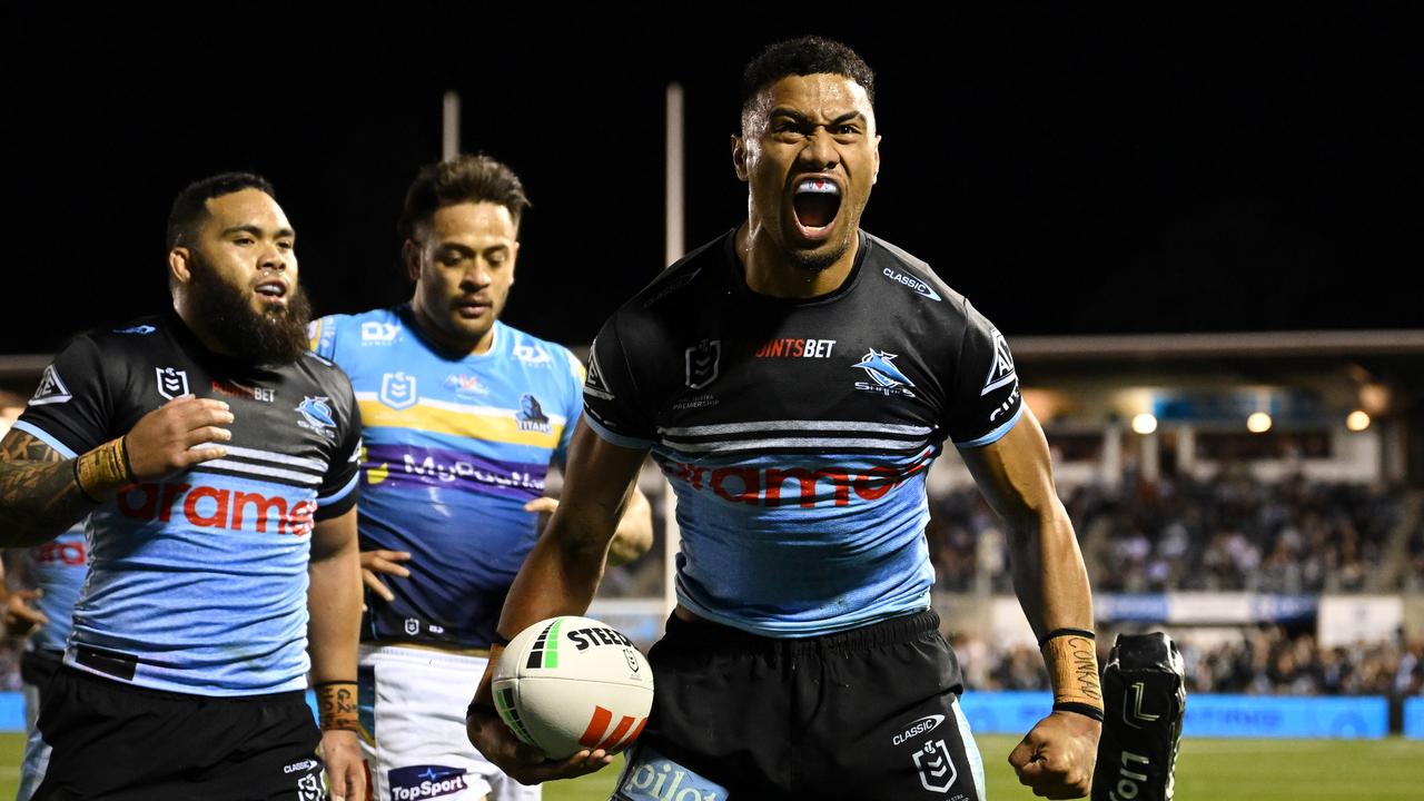 Ronaldo Mulitalo celebrates one of his tries. Picture: NRL Photos.