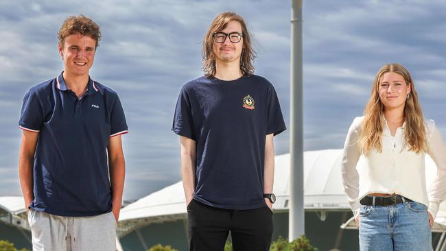 Students Lachie Martin, 18, Jakob Bogert, 17 and Imogen Smith, 18, will receive their SACE results on Monday. Picture: Russell Millard