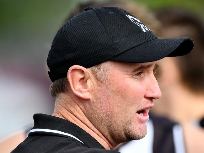 Wallan Head Coach Daniel Nolan speaks to his players during the round two RDFNL Bendigo Bank Seniors match between Diggers Rest and Wallan at Diggers Rest Recreation Reserve, on April 13,2024, in Diggers Rest, Australia. (Photo by Josh Chadwick)