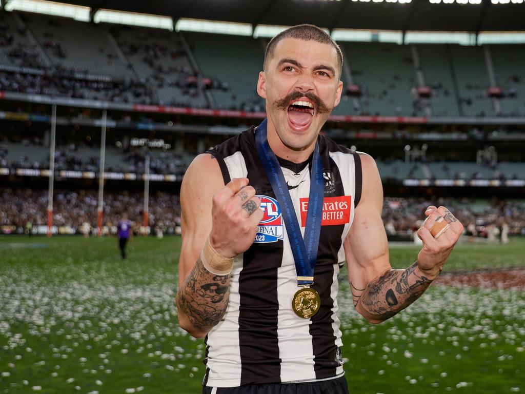 MELBOURNE, AUSTRALIA – SEPTEMBER 30: Oleg Markov of the Magpies celebrates after the 2023 AFL Grand Final match between the Collingwood Magpies and the Brisbane Lions at the Melbourne Cricket Ground on September 30, 2023 in Melbourne, Australia. (Photo by Russell Freeman/AFL Photos via Getty Images)