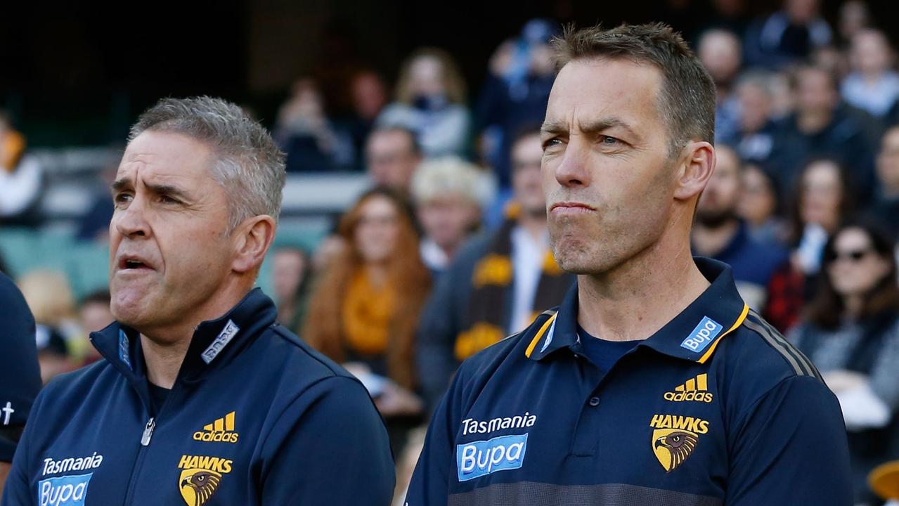 MELBOURNE, AUSTRALIA - SEPTEMBER 5: (L-R) Chris Fagan, Alastair Clarkson and Brett Ratten look on during the 2015 AFL round 23 match between the Hawthorn Hawks and the Carlton Blues at the Melbourne Cricket Ground, Melbourne, Australia on September 5, 2015. (Photo by Michael Willson/AFL Media)