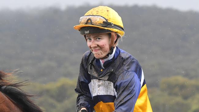 Saffie Osborne returns to the mounting yard on Cosmic Vega (IRE) after winning the bet365 Kilmore Cup at Kilmore Racecourse on November 24, 2024 in Kilmore, Australia. (Brett Holburt/Racing Photos)