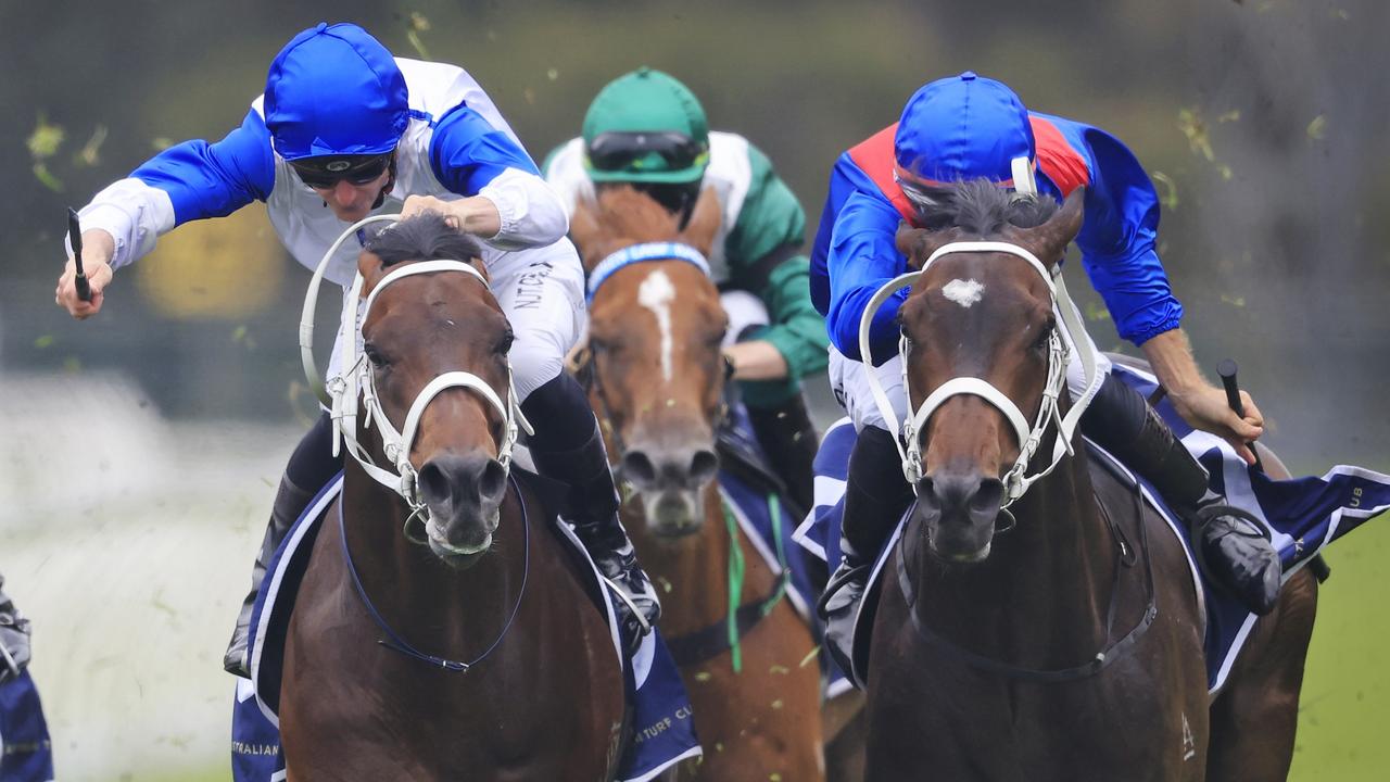 James McDonald and Starman (left) go stride for stride with Hugh Bowman and Sacrimony in the Canterbury-Hurlstone Park RSL Sprint at Rosehill. Picture: Getty Images
